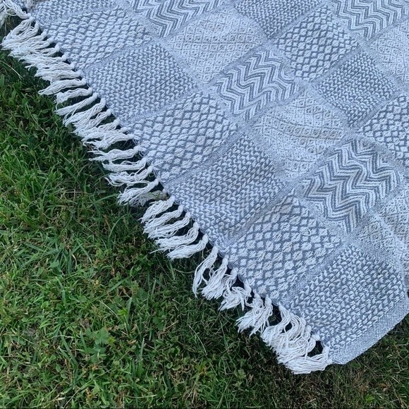 Bloomingville Farmhouse Cottagecore Fringe Grey Patchwork Woven Throw Blanket - Picture 4 of 4